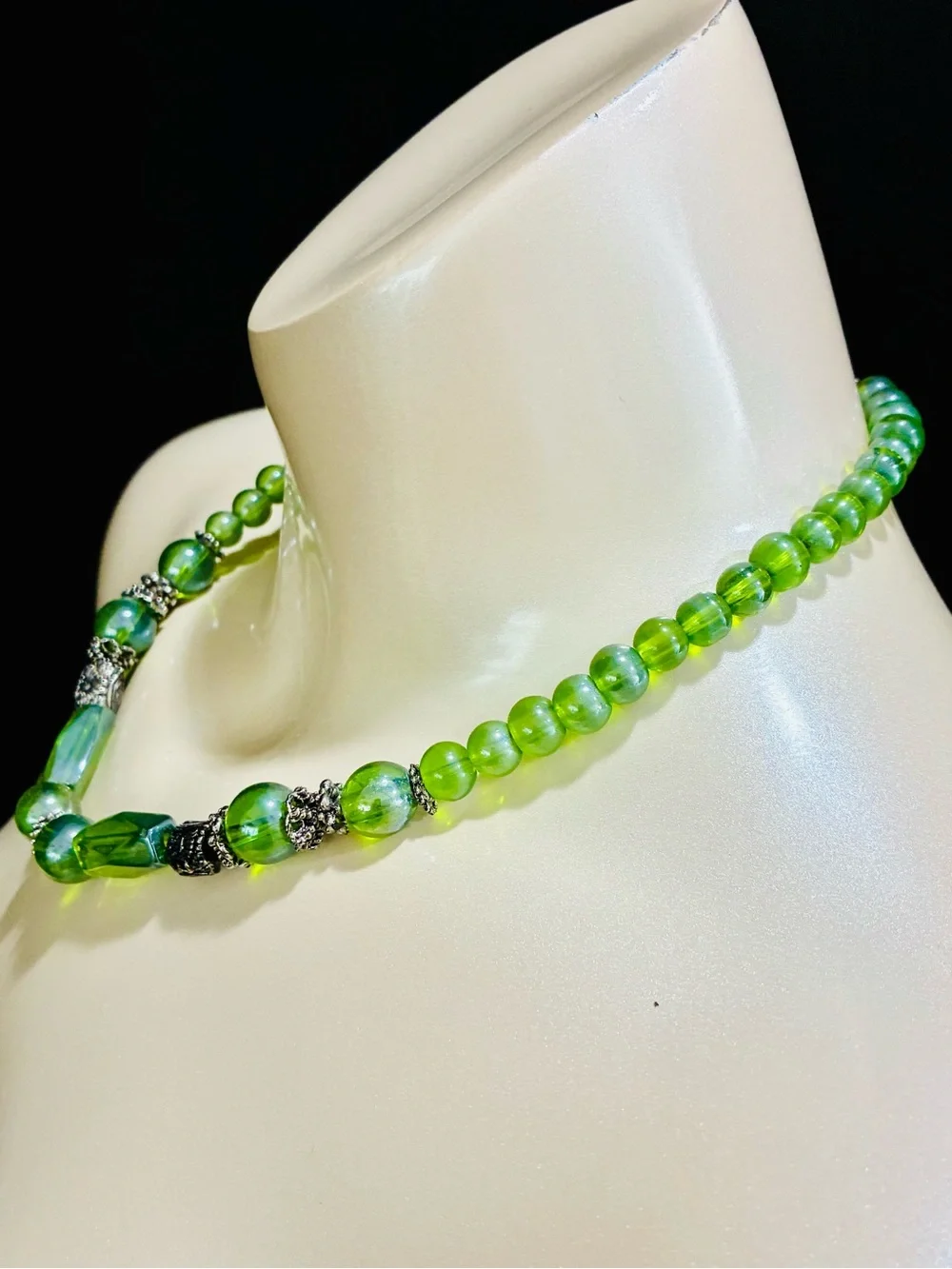 Vibrant Green Glass Bead Necklace with Silver-Tone Accents